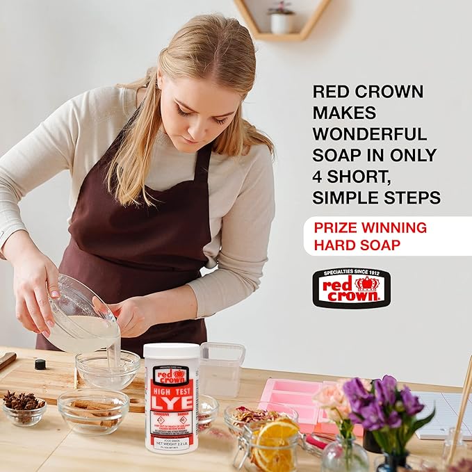 RED CROWN The Boyer Corporation Lye for Soap Making, Sodium Hydroxide Pure High Test Food Grade Lye, Caustic Soda, Drain Cleaner and Clog Remover, 4 Pack 2.2 lbs