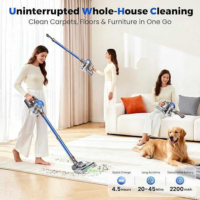 Cordless Vacuum Cleaner, Stick Vacuum Cleaners for Home with 40Kpa Powerful Suction, 45 Mins Runtime, 1.6L Dust Box, Anti-Tangle, 8-in-1 Rechargeable Vacuum for Hardwood Floor, Carpet, Pet Hair