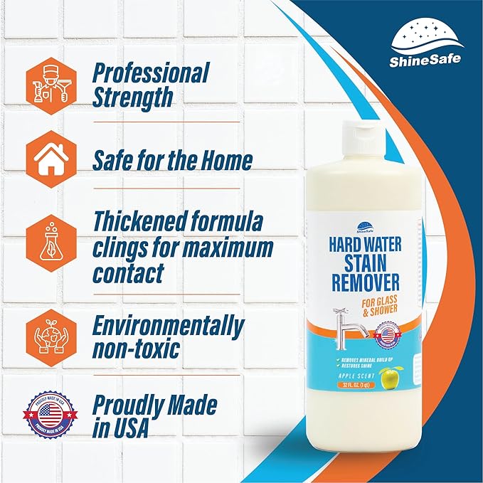 ShineSafe Hard Water Stain Remover – Professional-Grade Calcium Lime Rust Cleaner for Glass, Shower, Tub, Sink – Bleach-Free – 16 Fl Oz
