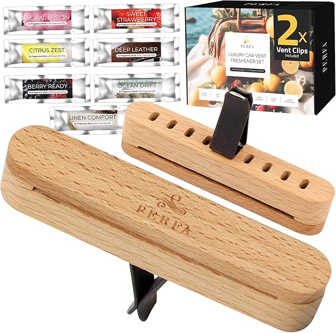 Premium Wooden Car Air Freshener Vent Clip | Box of 7 Scents Long Lasting Car Air Freshener with Magnetic Clip | Infused with Essential Oils | 60 Days' Worth of Car Scents by Perfa