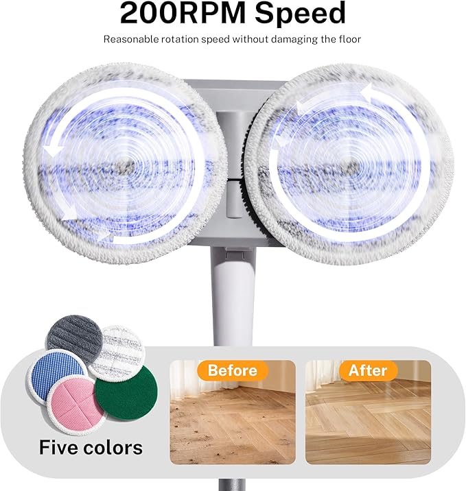 Cordless Electric Spin Mop with 220 RPM High Speed Motor for Hardwood Tile Laminate and Vinyl Floors with 6 Gray Pads
