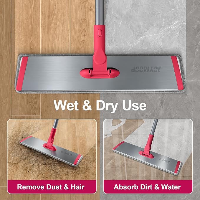 JOYMOOP 18 Inch Dust Mop for Hardwood Floors, Heavy Duty Industrial Wet Dry Mops with Telescopic Handle, Includes 3 Microfiber Mop Pads - Red-Grey