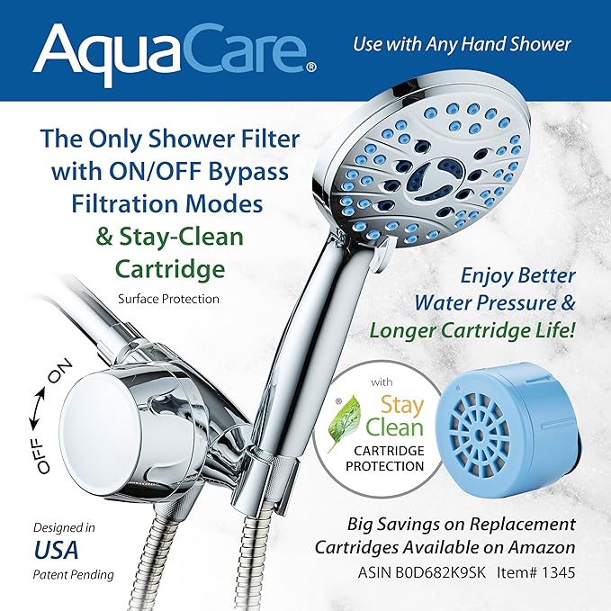 AquaCare Skin & Hair - World's Only Handheld Shower Head Filter with Built-in Hand Shower Bracket, ON/OFF Filtration Modes, Instant Cartridge Reload & Stay-Clean American KDF Cartridge, Chrome Finish