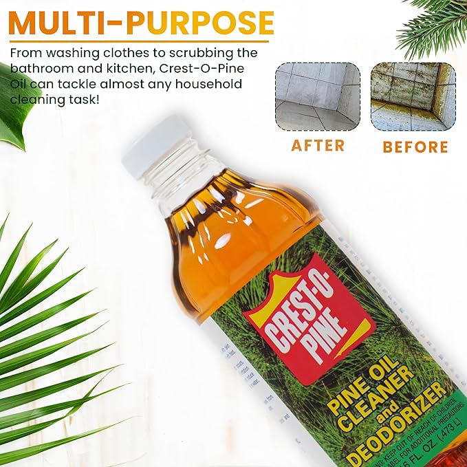 Crest-O-Pine Real Pine Oil Cleaner Concentrate Deodorizer, Multi-Purpose All-Purpose Household Cleaner for Floors, Kitchen, Bathroom, Laundry, Grease & Odor Removal (1, 16 fl oz)