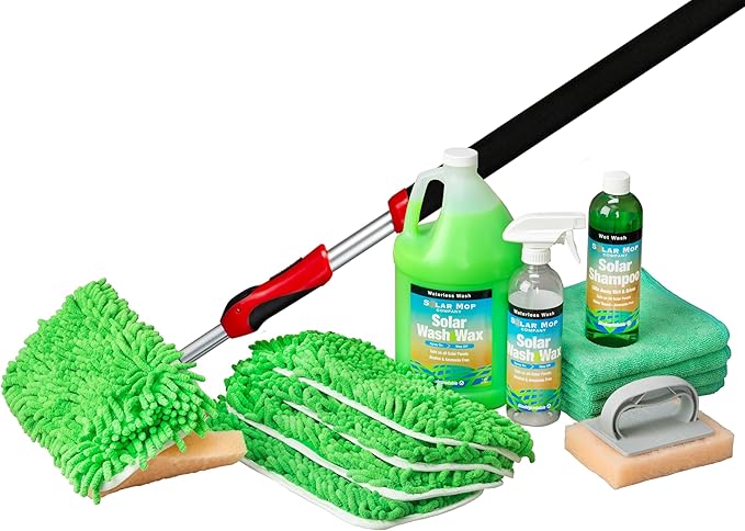 Solar Panel Cleaning Kit with Shur-Line Extension Pole (4'- 9') - Wet or Waterless Wash Wax for Cleaner More Efficient Energy Production
