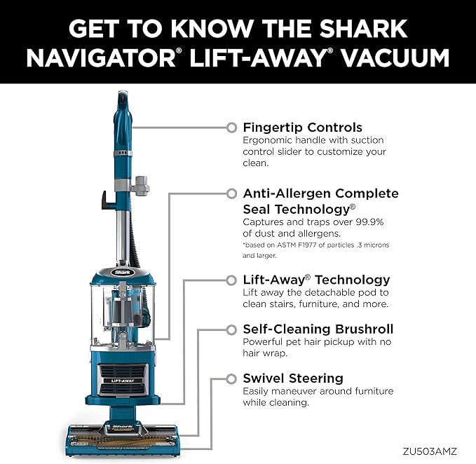 Shark Upright Vacuum, Navigator Lift-Away with Self-Cleaning Brushroll, HEPA Filter, Swivel Steering, Upholstery Tool & Pet Crevice Tool, Perfect for Pets & Multi-Surface, Teal, ZU503AMZ