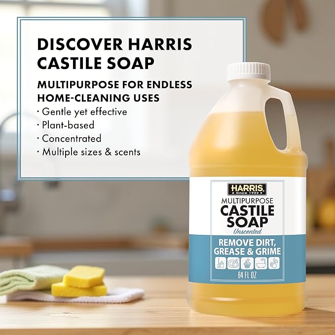 HARRIS Multi-Purpose Pure Liquid Castile Soap with Micro Fiber Towel for Home Cleaning, For Dish Soap, Laundry Detergent, Kitchen and Bathroom Surfaces, Kids Rooms, Unscented, 64 Oz