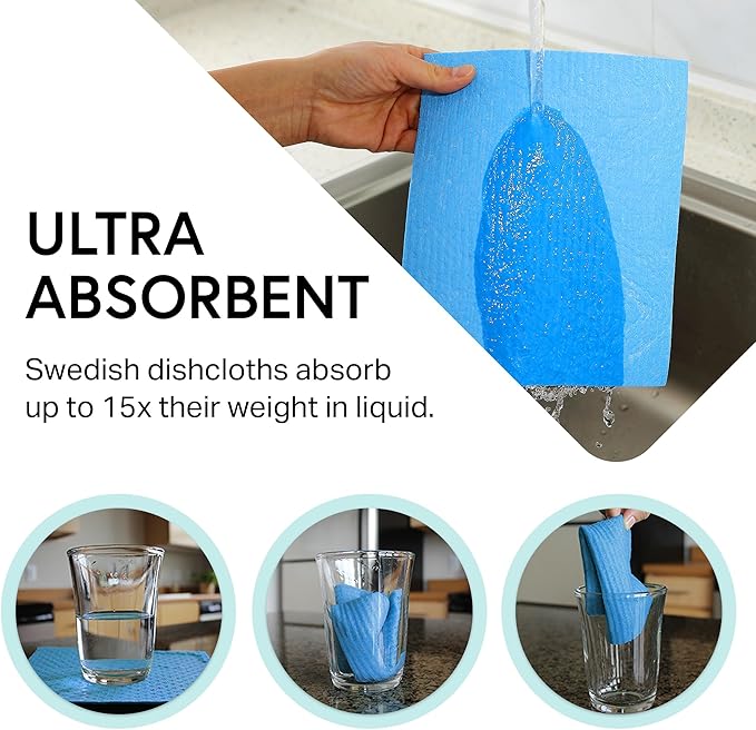 Swedish Wholesale Dishcloths Reusable 8" x 7" Sponge Cloths, Bulk 10 Pack of High Absorbent Cellulose Dish & Kitchen Cleaning Hand Towels, Wring to Dry & Machine Wash, Odor Resistant, Lime