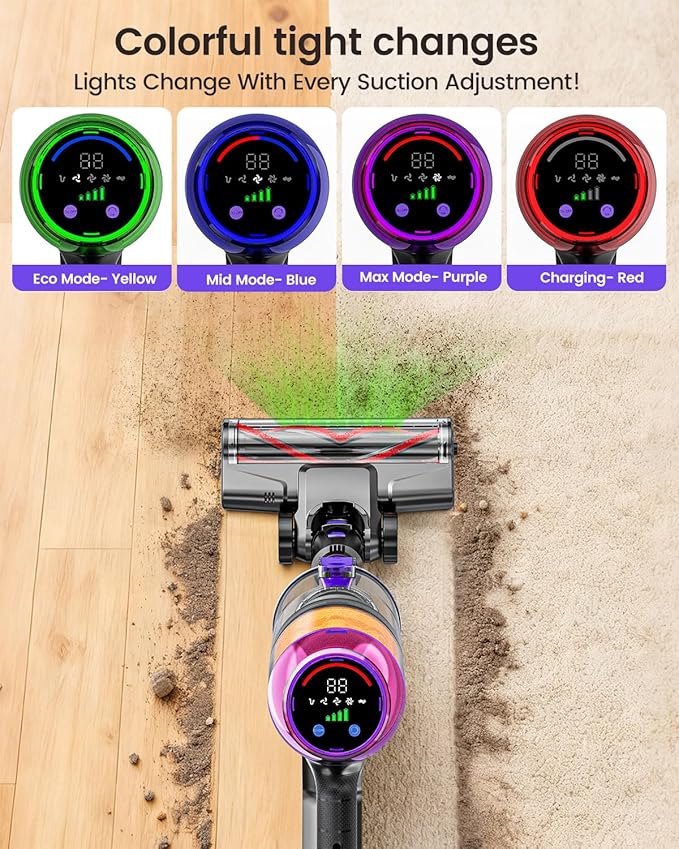 Cordless Vacuum Cleaner,500W 40KPa 60Mins Vacuum Cleaners for Home,Powerful Stick Vacuum With Green Light,Anti-tangle Wireless Vacumm, Rechargeable Vacuum for Pet Hair/Carpet/Hardwood Floor,Purple