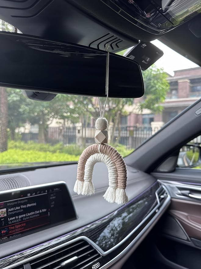 Macrame Rainbow Charm Boho Felt Ball Wood Bead Essential Oils Diffuser Interior Decor Handmade Car Accessories Colorful Hanging Air Freshener Decor(Brown)