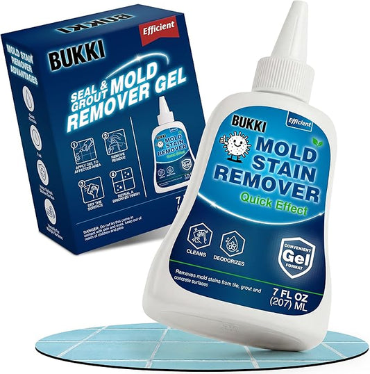 BUKKI Mold Stain Remover Gel (7 FL OZ), Heavy Duty Thick Gel for Shower Grout, Washer Seals, Caulking, Bathrooms, Sinks, Concrete, Pool Tile, Patio, Siding, Marine RV. Surface Stain Cleaner