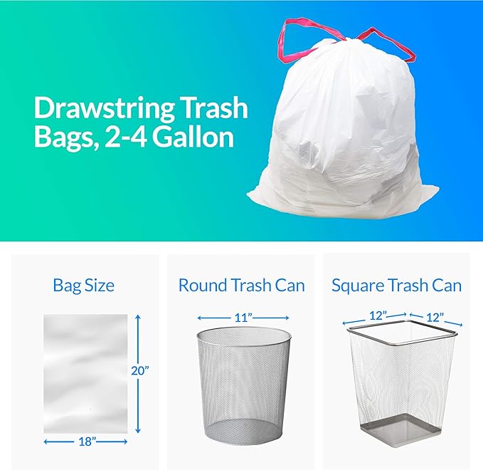Reli. 2-4 Gallon Trash Bags Drawstring | 250 Count | 18"x 20" | Small Garbage Bags 4 Gallon - Drawstring Handles | White Trash Can Liners 2 Gal - 3Gal - 4Gal | Small Bin Liners, Office