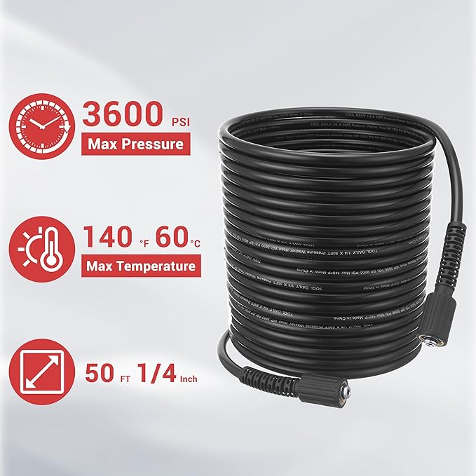 Tool Daily Pressure Washer Gun and Hose Kit, 50 FT Power Washer Hose and Replacement Wand Extension, 5 Nozzle Tips, M22-14 Fitting, 3600 PSI