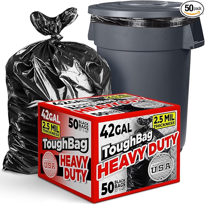 ToughBag 42 Gallon Trash Bags, 2.5 Mil Contractor Garbage Bags (50 COUNT) Heavy Duty Black Garbage Can Liners, 33 x 48" - Construction, Lawn, Industrial, Leaf - Made in USA