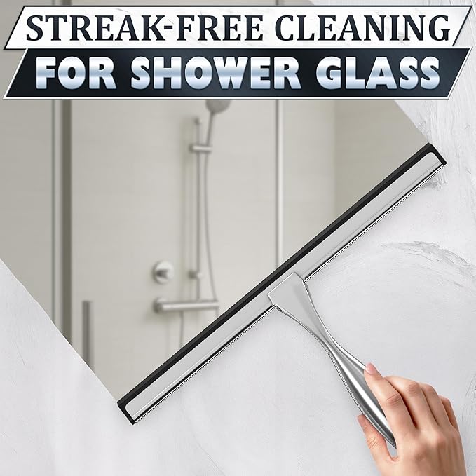 Shower Door Squeegee with Adhesive & Hanging Hooks, 12" Silicone Blade - Stainless Steel All-Purpose Squeegee for Shower Glass, Bathroom Mirror Cleaner Tool Suitable for Tile Walls - Multi-Surface Use