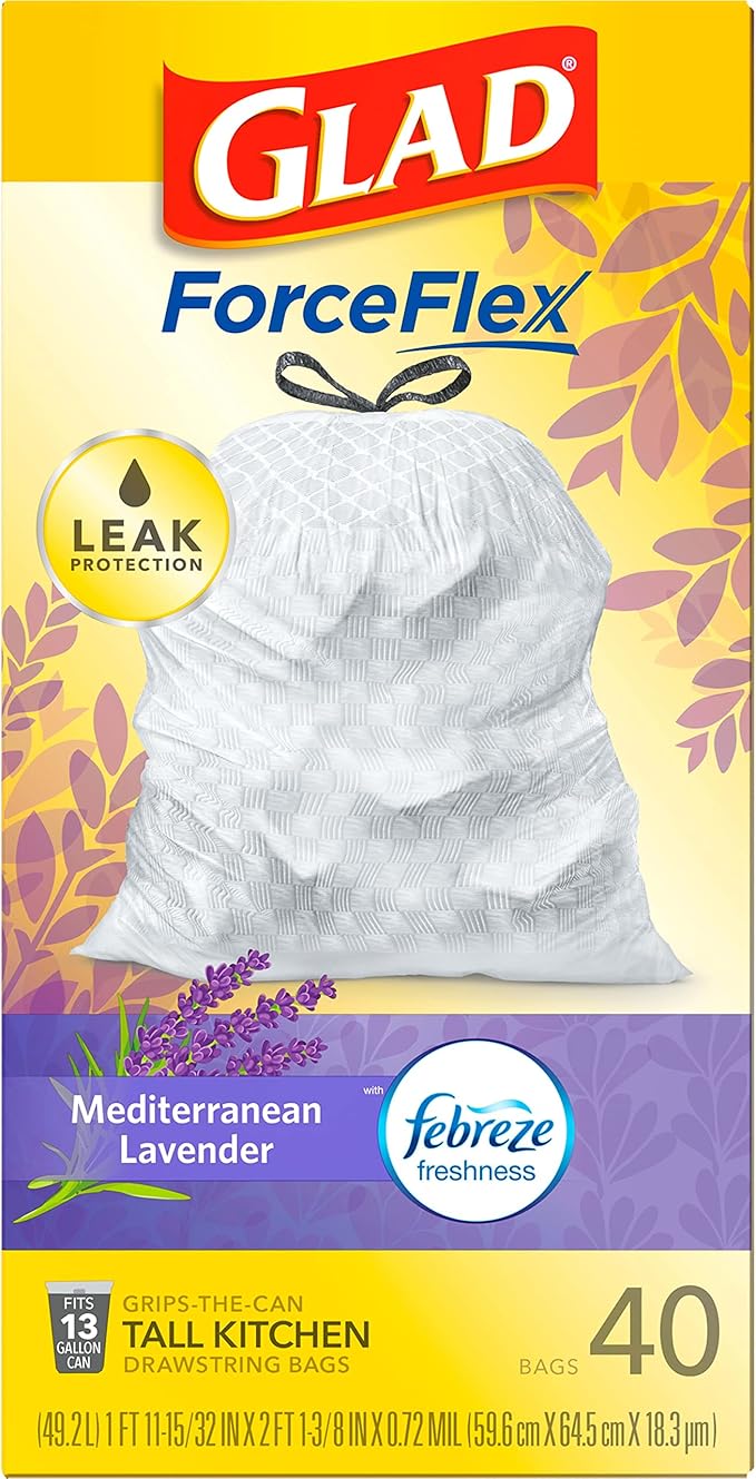 Glad Trash Bags, ForceFlex Tall Drawstring Garbage Bags, 13 Gallon White Trash Bags for Tall Kitchen Trash Can, Mediterranean Lavender with Febreze Freshness to Eliminate Odors, 40 Count (Pack of 2)