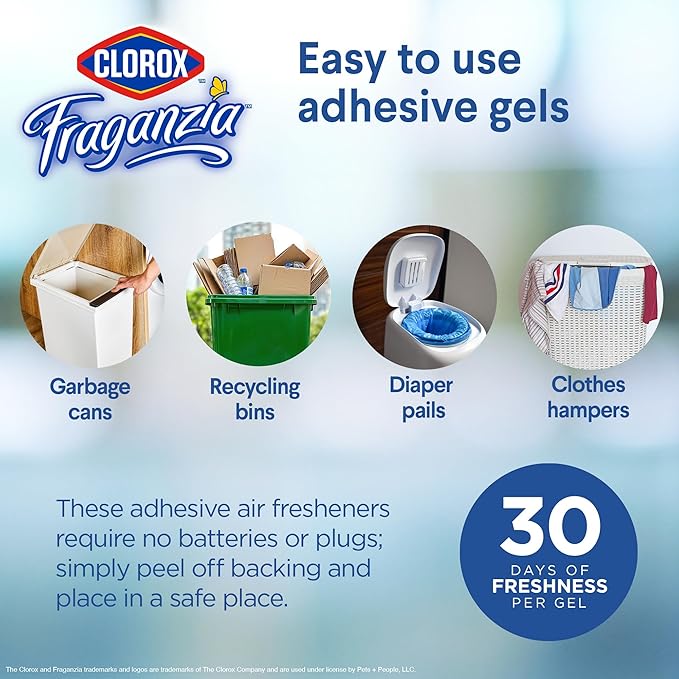 Clorox Fraganzia Stick-On Gel Fresheners, Island Escape Trash Can Deodorizer Up to 30 Days Scent, Odor Absorber for Kitchen, Bathroom, Closet, No Plug or Batteries, 0.12 Fl Oz, 6 Count