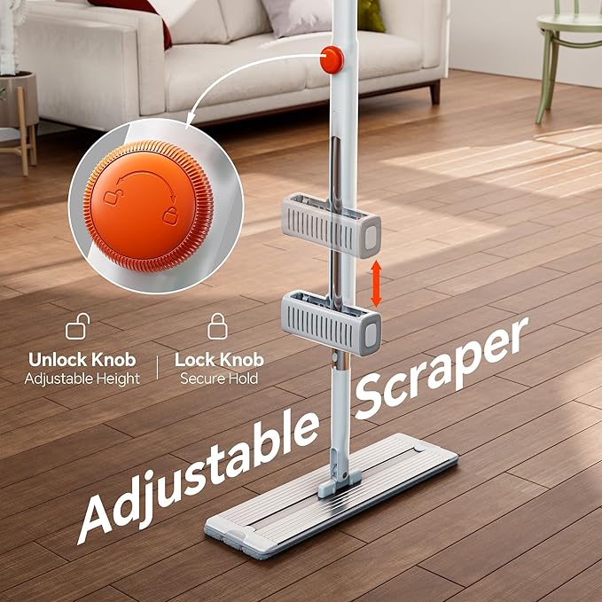 Self Wringing Microfiber Mop - Hands-Free Flat Mop with Wringing Blade | Aluminum Panel, Wet Dry for Apartment, Tiny Home, Windows, Wall, Hardwood, Laminate, Tile, Vinyl, 4 Reusable Pads