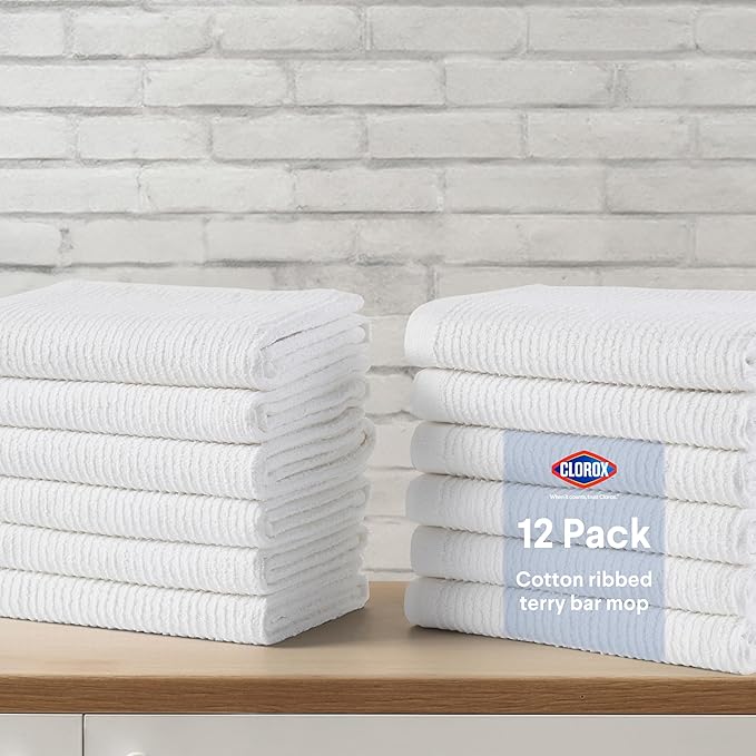 CLOROX Ribbed Bar Mops - 100% Cotton Quick Dry Extra Large Dishcloths - Absorbent Multipurpose Cleaning Cloths for Restaurants, Kitchen, Bathroom, Hotel - 16" x 19" - White 3 Pack