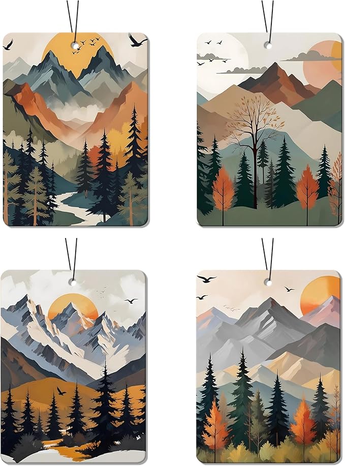 Mountain Landscape Car Air Freshener 4 Pcs, Nature - Themed Hanging Air Freshener for Cars, Closet, Drawer, Scenic Car & Home Decor for Nature Lovers, Gift for Outdoor Enthusiasts