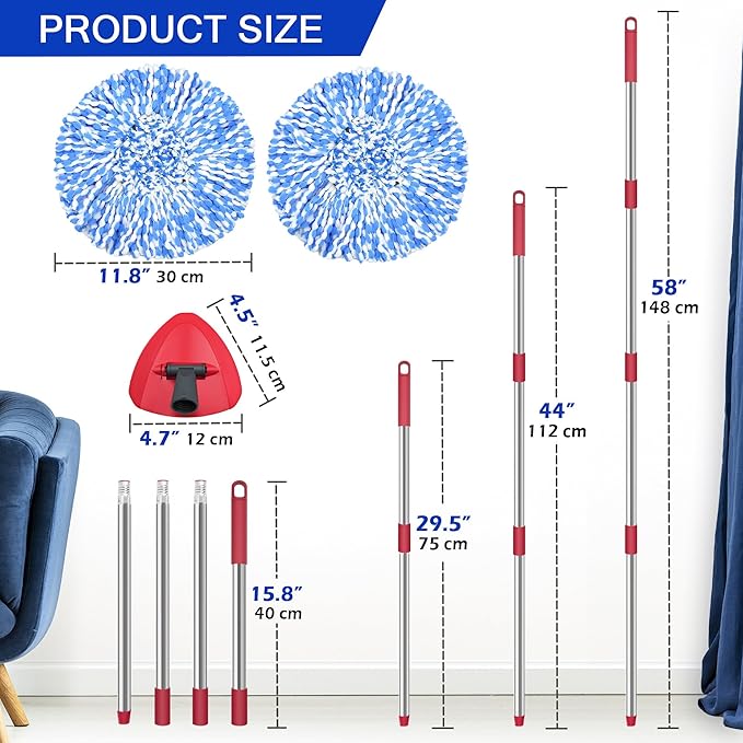 JEHONN Spin Mop Replacement Heads, Base, Handle for O-Cedar EasyWring 1 Tank System, Includes 2 Microfiber Refills, 1 Triangle Cover and 58 inches Long Pole for Cleaning Bathroom Kitchen Tile Floor
