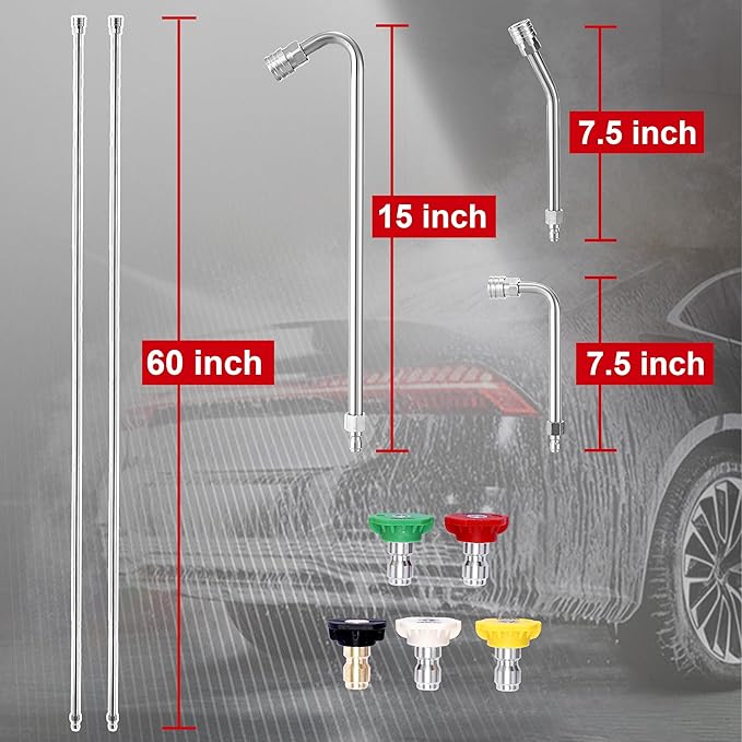 120" Pressure Washer Extension Wand, Power Washer Extension Pole with 5 Nozzle Tips - Pressure Washer Lance Wands 4000 PSI, Curved Gutter Cleaner Attachment, 1/4" Quick Connect for High-Reach