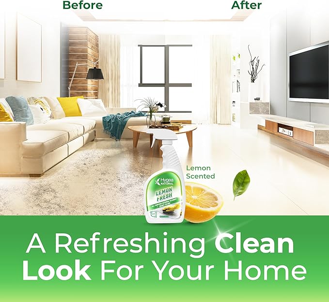 Hygea Natural Lemon Fresh All Purpose Cleaner - Chemical-Free Multi-Surface & Floor Cleaner - Removes Soil, Dirt & Grease - Wet Gloss Finish - Biodegradable, pH-Neutral & Ammonia Free (24oz Spray)