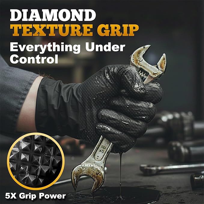 TitanFlex Heavy Duty Black Industrial Nitrile Gloves with Raised Diamond Texture, Latex Free (6mil/8mil)