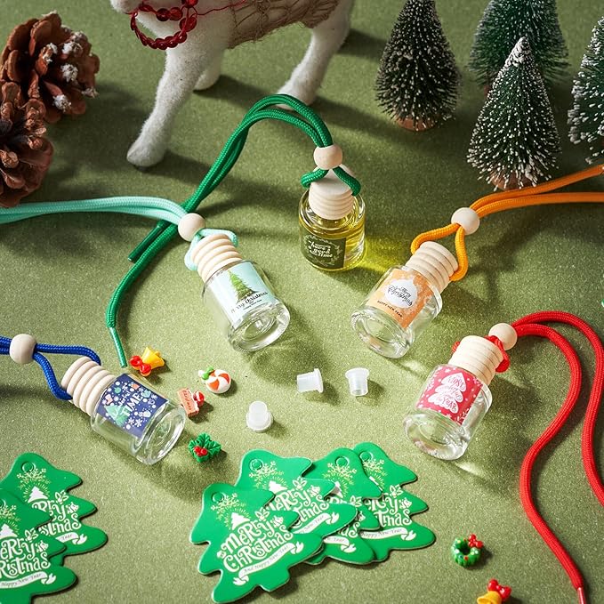 Boao 15 Pcs Christmas Employee Appreciation Gifts Hanging Car Air Freshener Diffuser Bottles Bulk Empty Perfume Glass Bottle Pendant with Christmas Tree Cards & Stickers for Essential Oil Fragrance