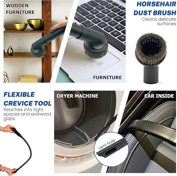 For Miele Vacuum Cleaner Attachments for Carpet, Tile Hard Floors, Dryer Vent, Corner, Car Detailing -Horsehair Hardwood Floor Brush, Flexible Crevice Tool & More Compatible with Miele C1 C2 C3