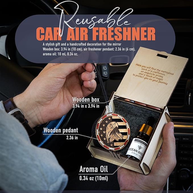 Handmade Wood Car Air Freshener — American Flag Designed Refillable Essential Oil Diffuser — Long Lasting Ocean Breeze Fragrance Oil 10 ml — Car Accessories Gift Box