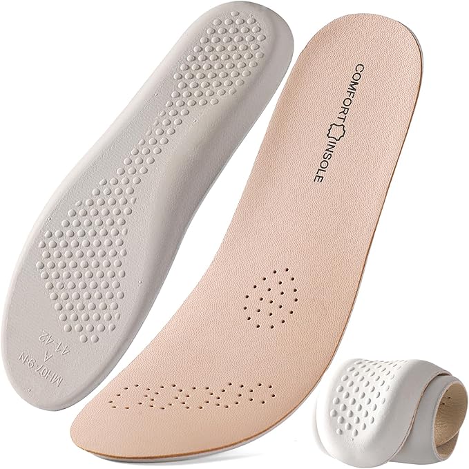 Leather Sockless Shoe Insoles for Men, Thin Dress Work Boots Inserts - Shock Absorption, Anti Sweat & Anti-Odor, for Athletic Shoes, Leather Shoes & Business Shoes(Peach-Beige, Women 6-7 .5)