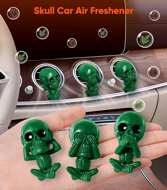 Skull Car Air Freshener Vent Clips, Goth Decor Interior, Gothic Halloween Cool Decoration Horror Skeleton Dashboard Accessories Spooky, Cute Funny Gifts for Men Women