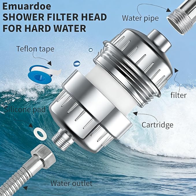 20-Stage Shower Filter-Shower Head Filter for Hard Water, with 2 Replaceable Filter Cartridges, High Output Shower Water Filter for Removing Chlorine and fluoride, Polished Chrome