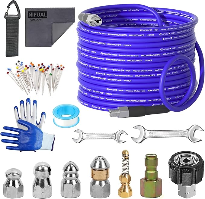 NIFUAL 100FT Sewer Jetter Kit for Pressure Washer, 5800PSI Drain Cleaner Hose 1/4 Inch NPT Corner, Rotating and Button Hose Sewer Jetting Nozzle Waterproof Tape Pearl Corsage Pin Spanner Glove