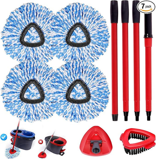 4 Packs Spin Mop Replacement Heads,1 Base,1 Scrubber Brush, Compatible with Oceda EasyWring RinseClean 2-Tank System, 4-Section Red Iron Mop Handle 30-58" Suitable for Cleaning All Floor Surfaces