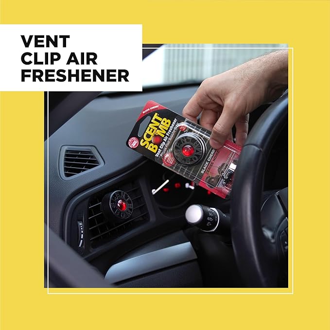 Scent Bomb Air Freshener Bundle - 1 oz & 8 oz Bottle Sprays, Vent Clip, Organic Cans, Hanging Circle - Continuous Freshness & Long-Lasting Odor Eliminator for Car, Home, Bathroom - Black Cherry
