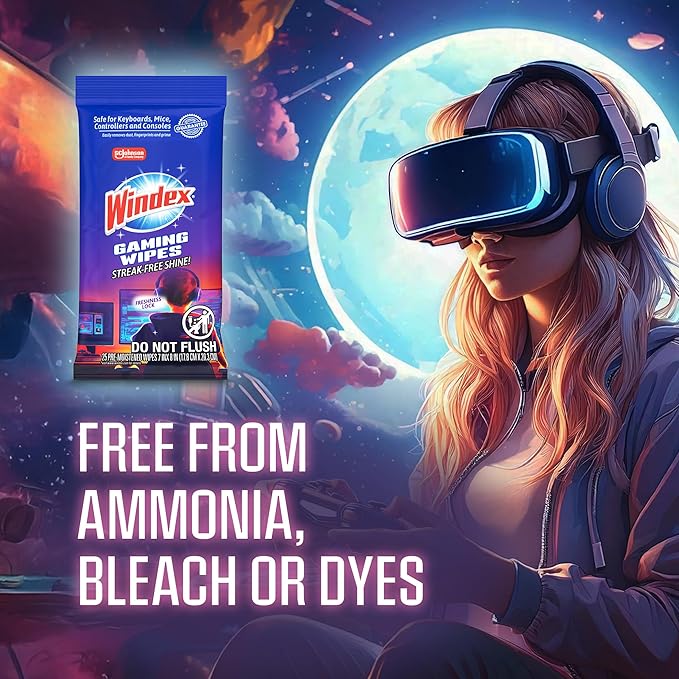 Windex Gaming Cleaning Wipes, Ammonia-Free Anti-Static Electronics Cleaner for Consoles, Controllers, Screen, TV, Computer Monitor & Keyboard, Streak-Free Pre-Moistened, 25 Count (Pack of 12)