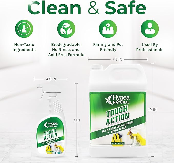 Hygea Natural Tough Action Tile & Grout Cleaner Duo - Deep Cleans Dirt & Scum & Enhances Stone Color - Acid-Free & Residue-Free Biodegradable Formula (24 oz Spray & Ready to Use Gallon Refill)