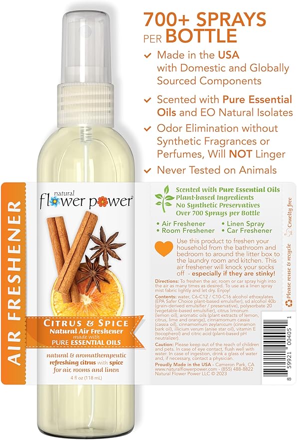 Natural Flower Power Air Freshener Spray - Odor Eliminator w/Essential Oils - Home, Car & Fabric - Cruelty Free & Vegan - Variety Pack - Lemongrass and Citrus & Spice - 2 x 4 fl oz