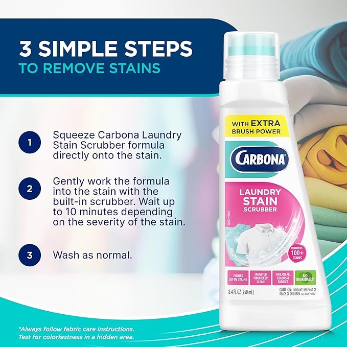 Carbona Laundry Stain Scrubber | Bio-Enzyme Stain Remover | Eliminates Fat, Oil, Blood, Milk, Fruit, Ketchup, Vegetables & Baby Food Stains | Save On Skin & Washable Fabrics | 3 Pack