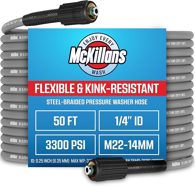 McKillans® Pressure Washer Hose 50 ft - Flexible & Kink-resistant - Steel-Braided & Durable- M22-14mm Stainless Steel Plug - Power Washer Hose - High Pressure 1/4" Inner Diameter - Long 50 ft Reach
