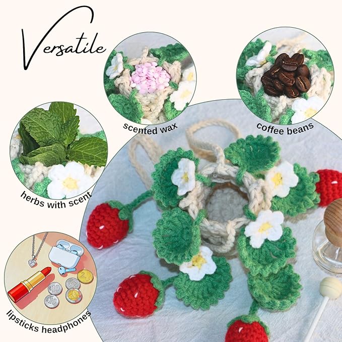 Handmade Crochet Hanging Car Air Freshener - Cute Strawberry Plant Design, 12ml Refillable Thick Glass Bottle, Car Diffuser for Rearview Mirror, Home & Office Decor
