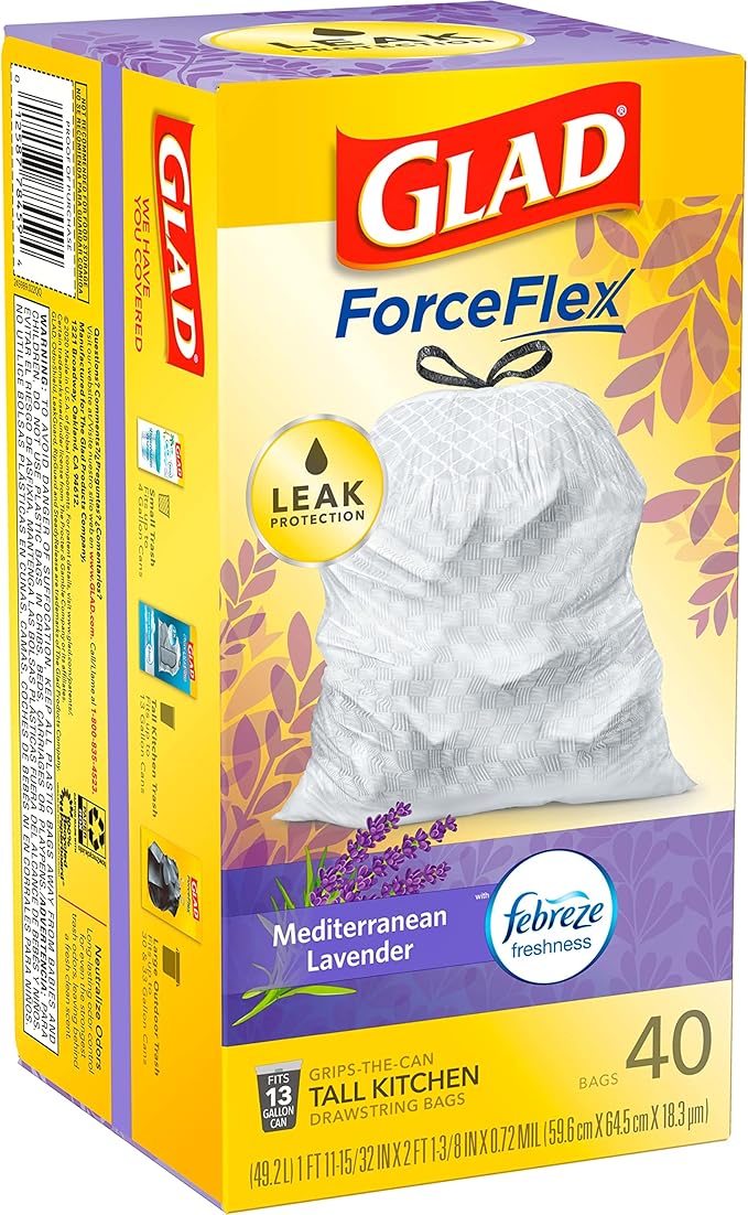 Glad Trash Bags, ForceFlex Tall Drawstring Garbage Bags, 13 Gallon White Trash Bags for Tall Kitchen Trash Can, Mediterranean Lavender with Febreze Freshness to Eliminate Odors, 40 Count (Pack of 2)