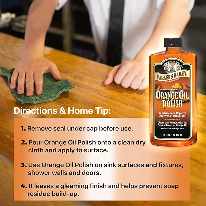 Parker & Bailey Orange Oil Polish, Natural Orange Scented Furniture Cleaner & Wood Table Cleaner, Cleans, Renews & Restores a Finish for Wood, Protects from Drying or Cracking, Shiny Finish, 16 oz