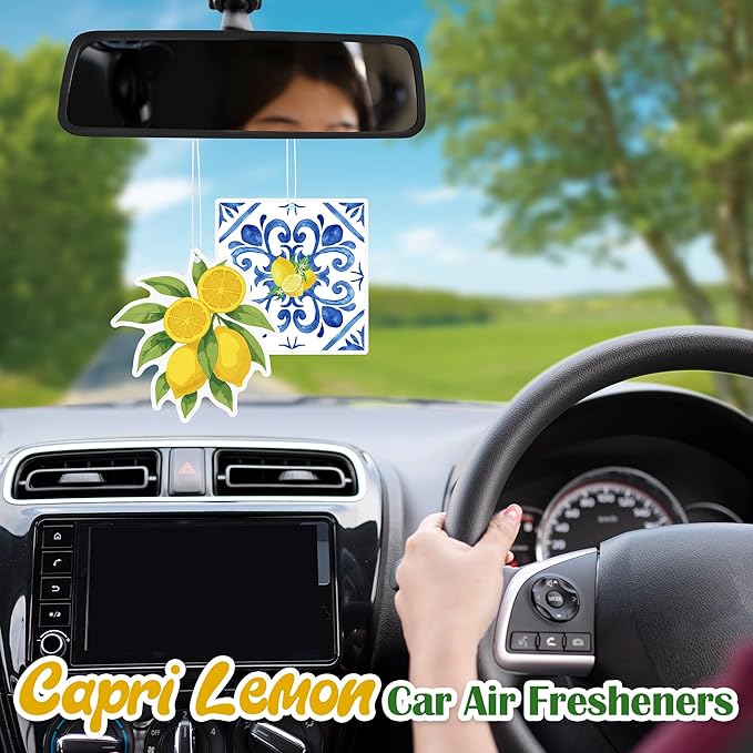 8Pcs Capri Lemon Car Air Fresheners Spring Summer Fruit Blue Tiles Yellow Scented Rearview Mirror Hanging Ornaments Decoration Amalfi Coast Positano Mediterranean Automotive Interior Accessories Decor