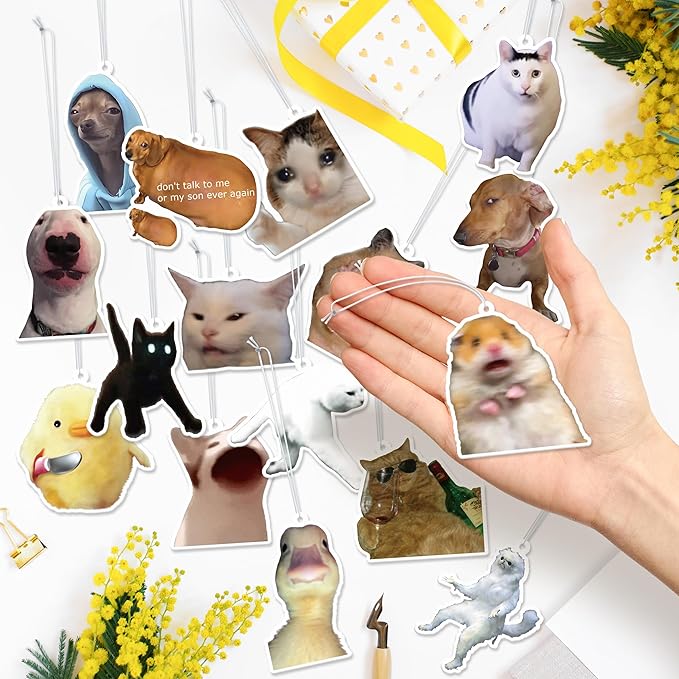 Funny Meme Car Air Fresheners - 16Pcs Cute Cat Dog Animals Freshener Hanging Ornaments for Women Men, Interior Air Essential Fragrant Pendants for Birthday Party Gift Car Mirror Home Wardrobe
