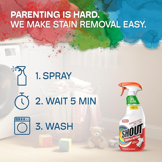 Shout Active Enzyme Laundry Stain Remover Spray, Triple-Acting Formula Clings, Penetrates, and Lifts 100+ Types of Everyday Stains - Prewash Spray 22oz