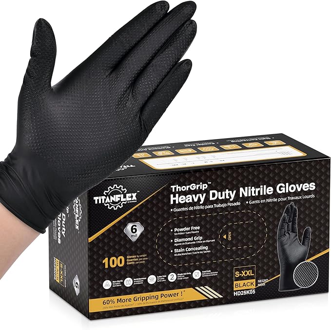 TitanFlex Heavy Duty Black Industrial Nitrile Gloves with Raised Diamond Texture, Latex Free (6mil/8mil)