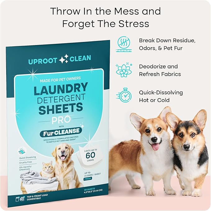 Uproot Clean Laundry Sheets Pro - 30 Pack - Fresh Scent: Mineral-Powered Laundry Detergent Sheets Travel Pack - Eliminate Clinging Fur, Pet Odors, & Messy Residue - Up to 60 Loads